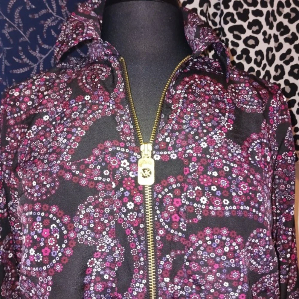 3 MICHAEL‎ KORS Tops Black Purple Paisley Animal Blouse Zip Long Sleeve Shirt M